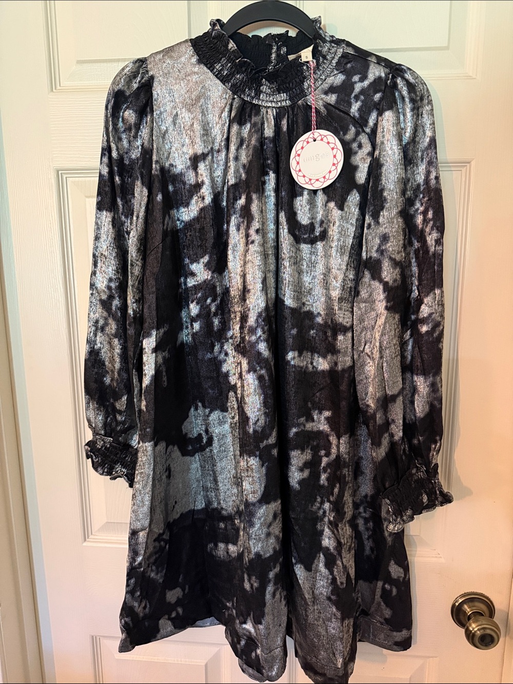 Umgee Black & Silver Mock Neck Flounce Sleeve Metallic Dress